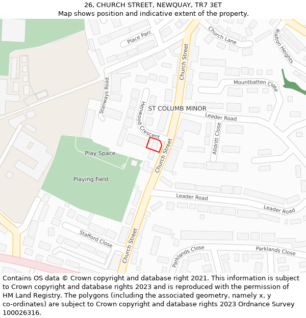 26, CHURCH STREET, NEWQUAY, TR7 3ET: Location map and indicative extent of plot
