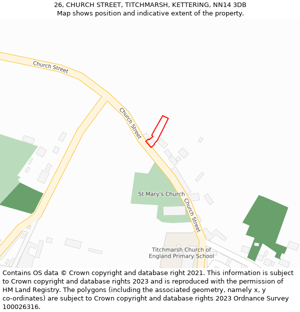 26, CHURCH STREET, TITCHMARSH, KETTERING, NN14 3DB: Location map and indicative extent of plot