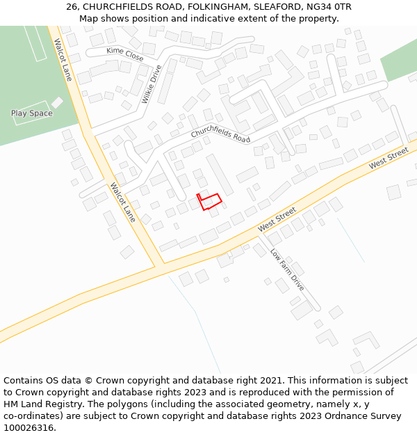 26, CHURCHFIELDS ROAD, FOLKINGHAM, SLEAFORD, NG34 0TR: Location map and indicative extent of plot