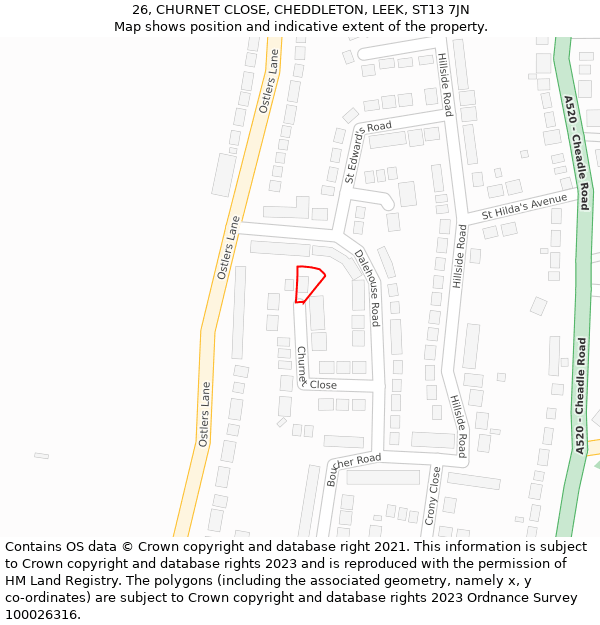 26, CHURNET CLOSE, CHEDDLETON, LEEK, ST13 7JN: Location map and indicative extent of plot