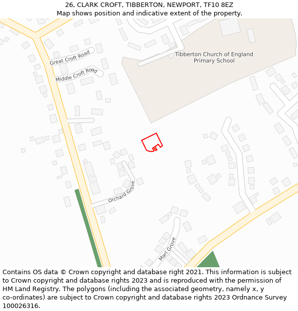 26, CLARK CROFT, TIBBERTON, NEWPORT, TF10 8EZ: Location map and indicative extent of plot