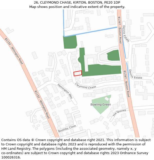 26, CLEYMOND CHASE, KIRTON, BOSTON, PE20 1DP: Location map and indicative extent of plot