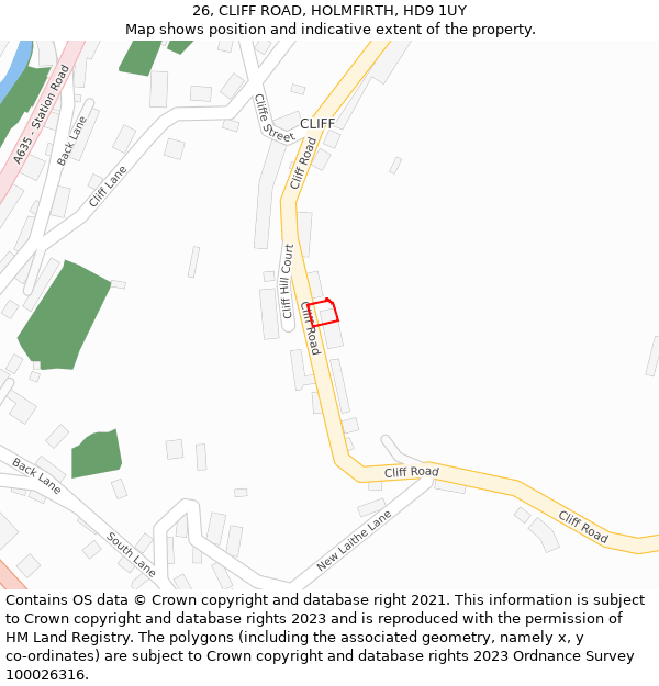26, CLIFF ROAD, HOLMFIRTH, HD9 1UY: Location map and indicative extent of plot