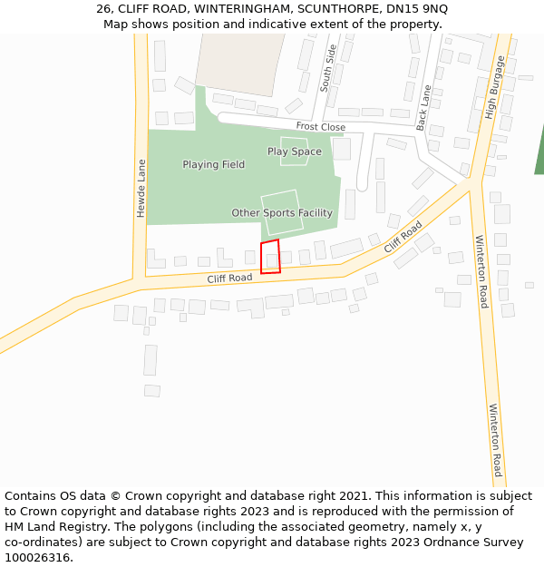 26, CLIFF ROAD, WINTERINGHAM, SCUNTHORPE, DN15 9NQ: Location map and indicative extent of plot