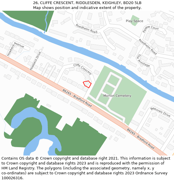 26, CLIFFE CRESCENT, RIDDLESDEN, KEIGHLEY, BD20 5LB: Location map and indicative extent of plot