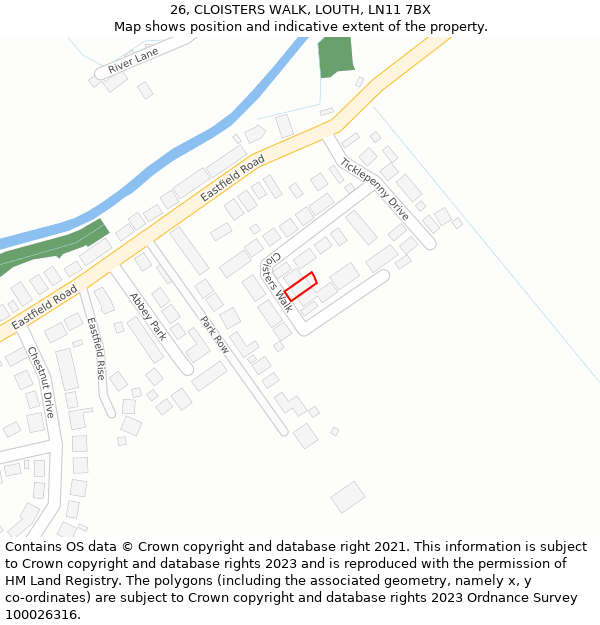 26, CLOISTERS WALK, LOUTH, LN11 7BX: Location map and indicative extent of plot