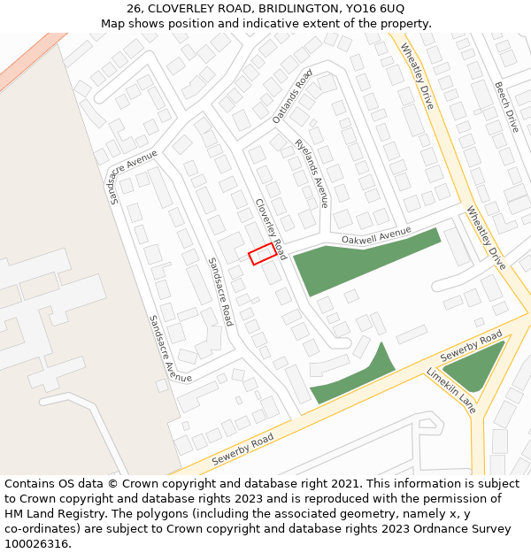 26, CLOVERLEY ROAD, BRIDLINGTON, YO16 6UQ: Location map and indicative extent of plot
