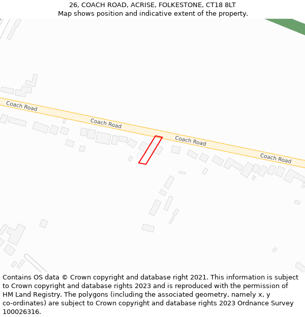 26, COACH ROAD, ACRISE, FOLKESTONE, CT18 8LT: Location map and indicative extent of plot