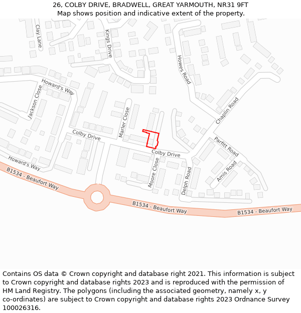 26, COLBY DRIVE, BRADWELL, GREAT YARMOUTH, NR31 9FT: Location map and indicative extent of plot