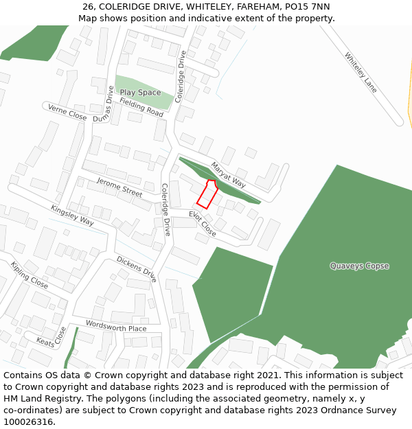 26, COLERIDGE DRIVE, WHITELEY, FAREHAM, PO15 7NN: Location map and indicative extent of plot