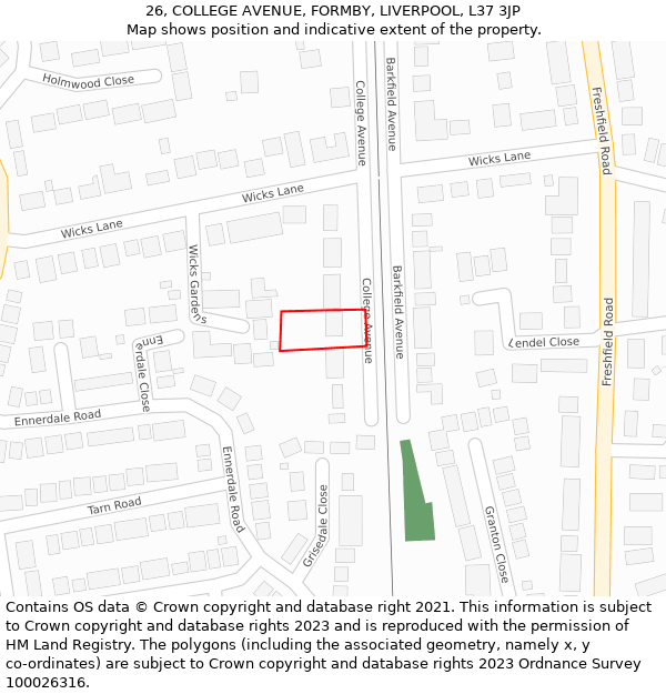 26, COLLEGE AVENUE, FORMBY, LIVERPOOL, L37 3JP: Location map and indicative extent of plot