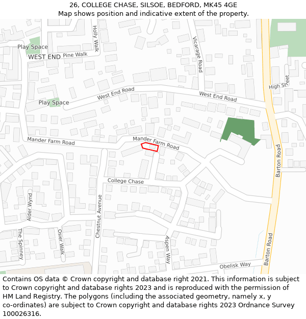 26, COLLEGE CHASE, SILSOE, BEDFORD, MK45 4GE: Location map and indicative extent of plot