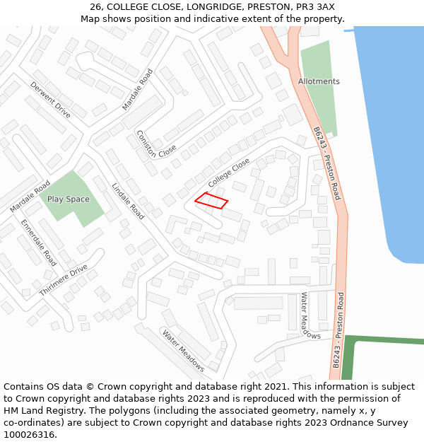 26, COLLEGE CLOSE, LONGRIDGE, PRESTON, PR3 3AX: Location map and indicative extent of plot