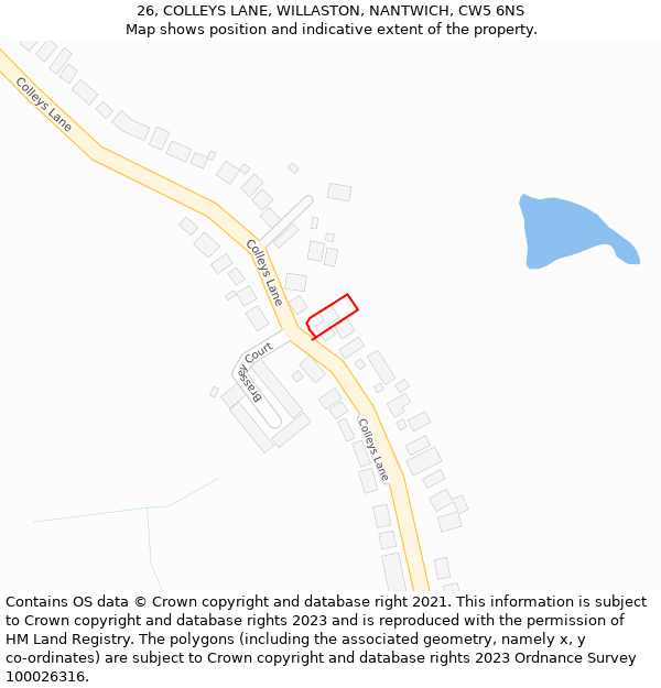 26, COLLEYS LANE, WILLASTON, NANTWICH, CW5 6NS: Location map and indicative extent of plot