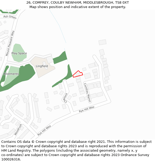 26, COMFREY, COULBY NEWHAM, MIDDLESBROUGH, TS8 0XT: Location map and indicative extent of plot