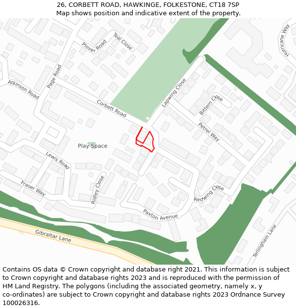 26, CORBETT ROAD, HAWKINGE, FOLKESTONE, CT18 7SP: Location map and indicative extent of plot