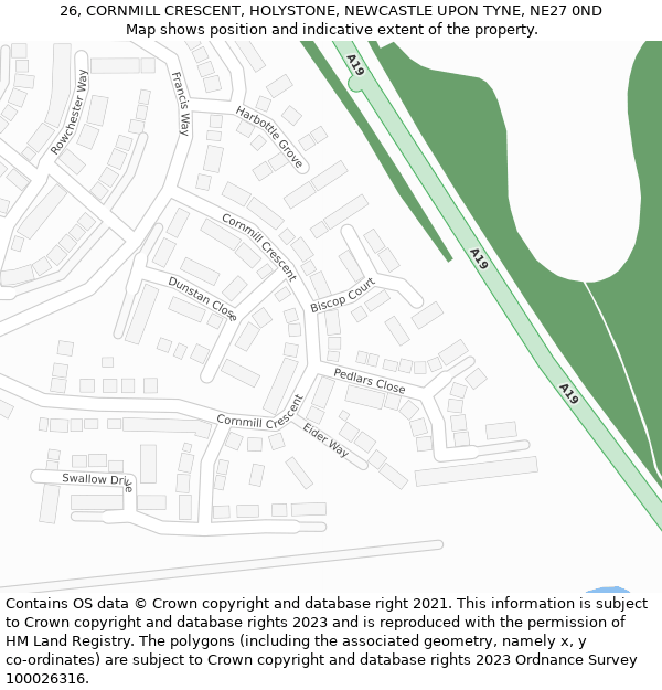 26, CORNMILL CRESCENT, HOLYSTONE, NEWCASTLE UPON TYNE, NE27 0ND: Location map and indicative extent of plot