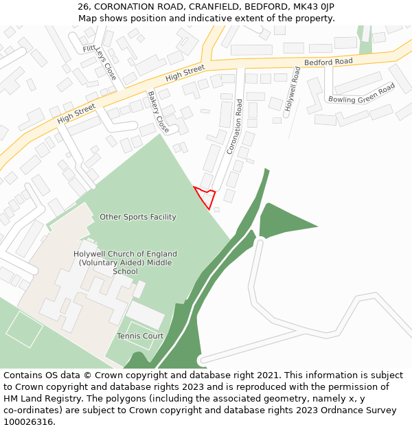 26, CORONATION ROAD, CRANFIELD, BEDFORD, MK43 0JP: Location map and indicative extent of plot