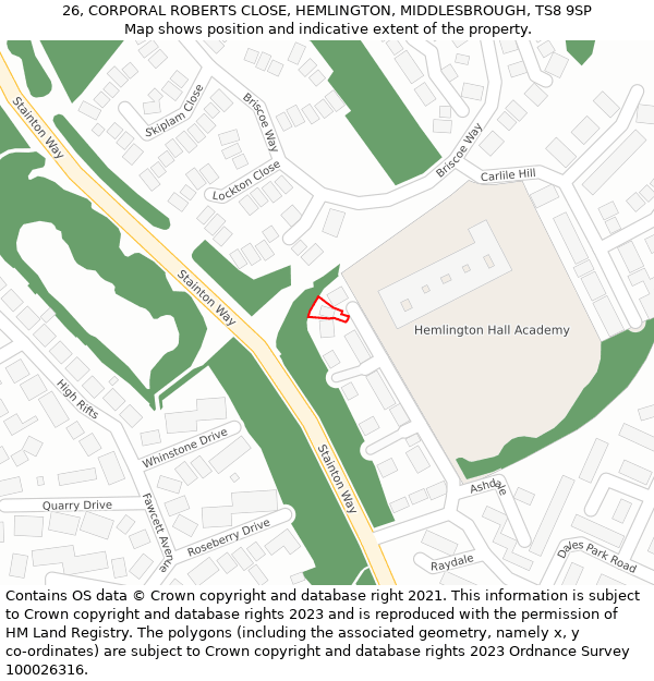 26, CORPORAL ROBERTS CLOSE, HEMLINGTON, MIDDLESBROUGH, TS8 9SP: Location map and indicative extent of plot