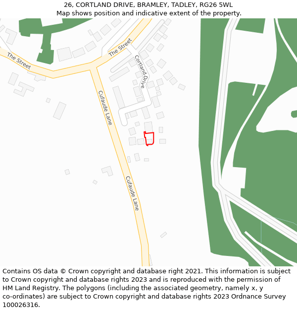 26, CORTLAND DRIVE, BRAMLEY, TADLEY, RG26 5WL: Location map and indicative extent of plot