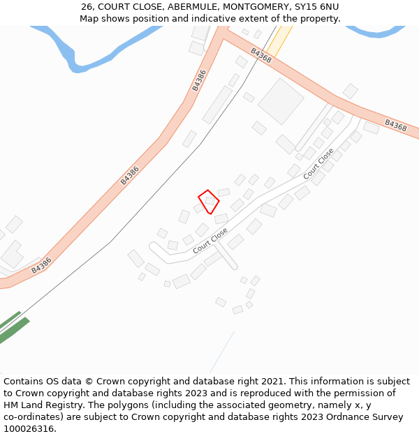 26, COURT CLOSE, ABERMULE, MONTGOMERY, SY15 6NU: Location map and indicative extent of plot