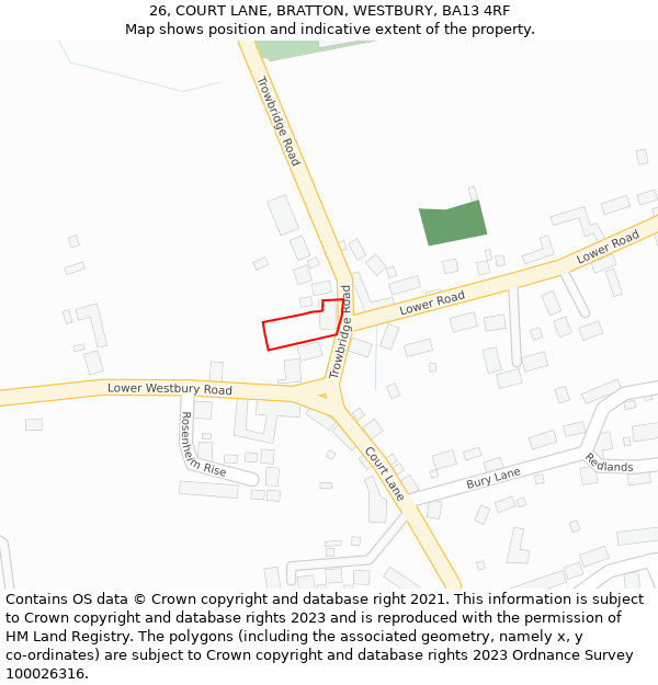 26, COURT LANE, BRATTON, WESTBURY, BA13 4RF: Location map and indicative extent of plot