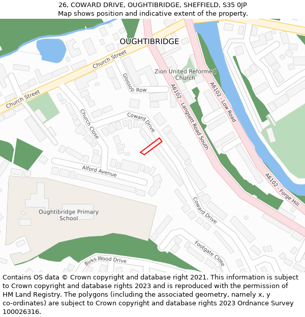 26, COWARD DRIVE, OUGHTIBRIDGE, SHEFFIELD, S35 0JP: Location map and indicative extent of plot