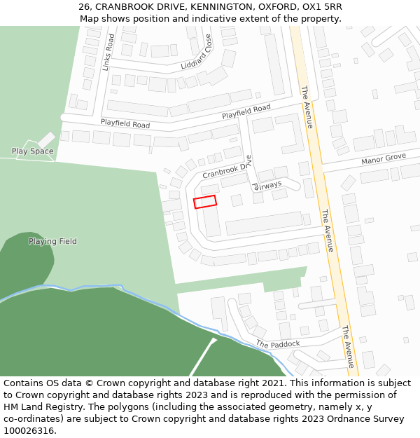 26, CRANBROOK DRIVE, KENNINGTON, OXFORD, OX1 5RR: Location map and indicative extent of plot