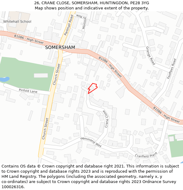 26, CRANE CLOSE, SOMERSHAM, HUNTINGDON, PE28 3YG: Location map and indicative extent of plot