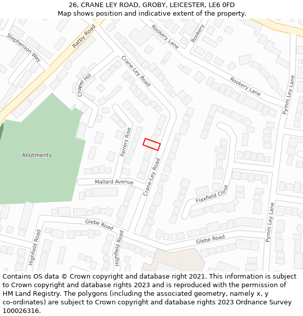 26, CRANE LEY ROAD, GROBY, LEICESTER, LE6 0FD: Location map and indicative extent of plot