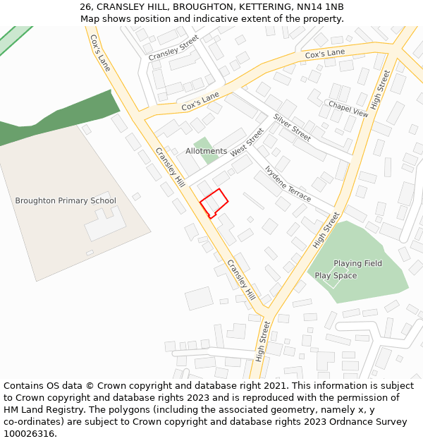 26, CRANSLEY HILL, BROUGHTON, KETTERING, NN14 1NB: Location map and indicative extent of plot
