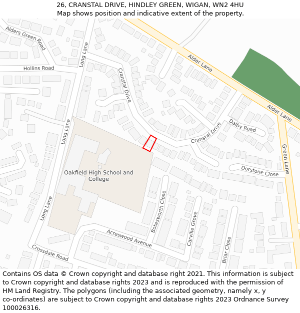 26, CRANSTAL DRIVE, HINDLEY GREEN, WIGAN, WN2 4HU: Location map and indicative extent of plot