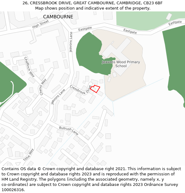 26, CRESSBROOK DRIVE, GREAT CAMBOURNE, CAMBRIDGE, CB23 6BF: Location map and indicative extent of plot