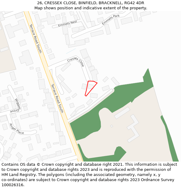 26, CRESSEX CLOSE, BINFIELD, BRACKNELL, RG42 4DR: Location map and indicative extent of plot