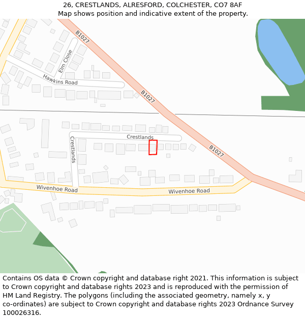 26, CRESTLANDS, ALRESFORD, COLCHESTER, CO7 8AF: Location map and indicative extent of plot