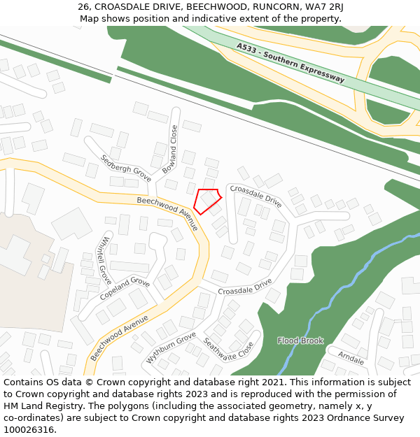 26, CROASDALE DRIVE, BEECHWOOD, RUNCORN, WA7 2RJ: Location map and indicative extent of plot