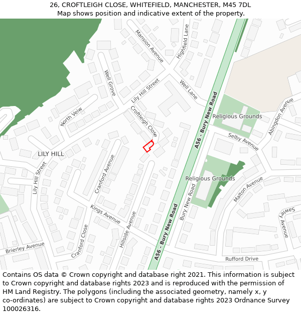 26, CROFTLEIGH CLOSE, WHITEFIELD, MANCHESTER, M45 7DL: Location map and indicative extent of plot
