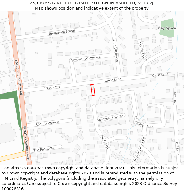 26, CROSS LANE, HUTHWAITE, SUTTON-IN-ASHFIELD, NG17 2JJ: Location map and indicative extent of plot