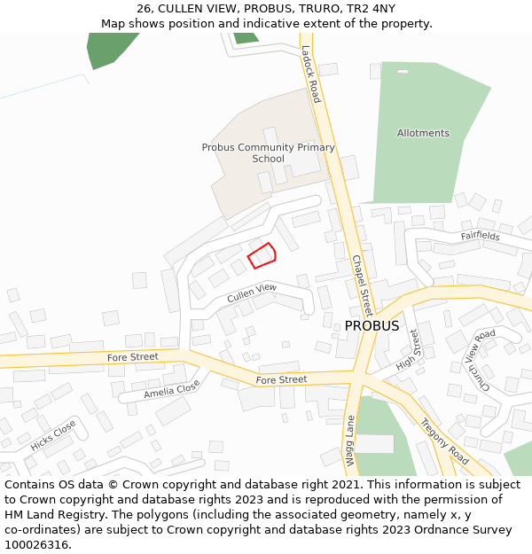 26, CULLEN VIEW, PROBUS, TRURO, TR2 4NY: Location map and indicative extent of plot