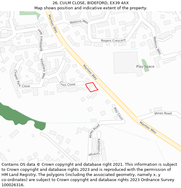 26, CULM CLOSE, BIDEFORD, EX39 4AX: Location map and indicative extent of plot