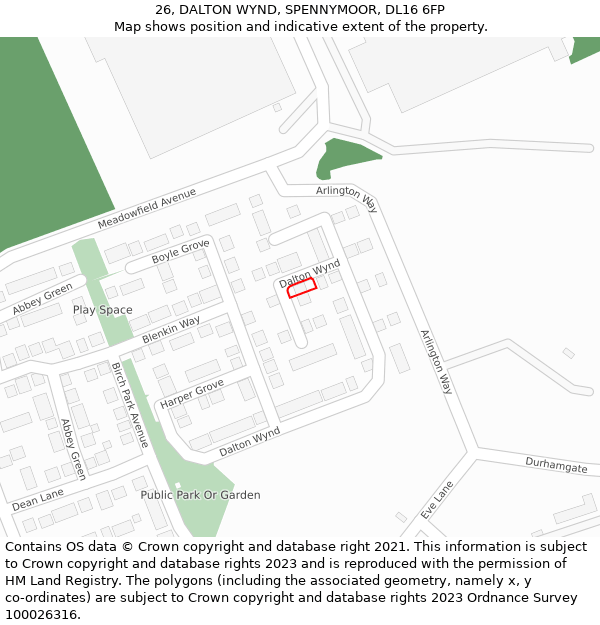 26, DALTON WYND, SPENNYMOOR, DL16 6FP: Location map and indicative extent of plot