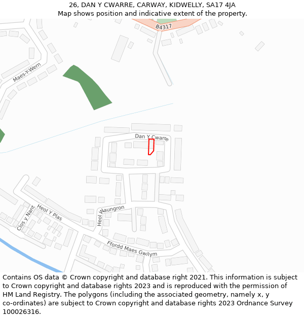 26, DAN Y CWARRE, CARWAY, KIDWELLY, SA17 4JA: Location map and indicative extent of plot