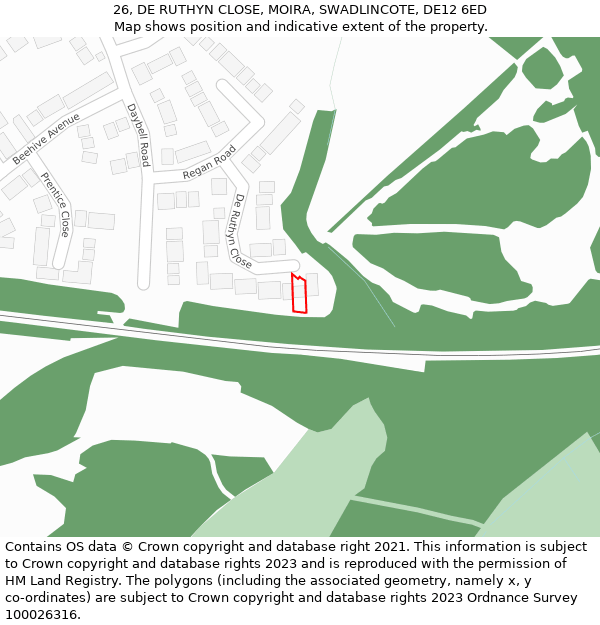 26, DE RUTHYN CLOSE, MOIRA, SWADLINCOTE, DE12 6ED: Location map and indicative extent of plot