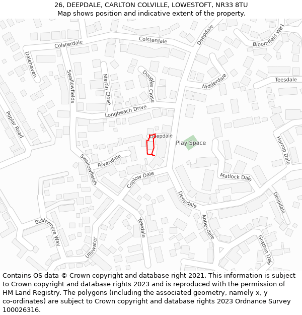 26, DEEPDALE, CARLTON COLVILLE, LOWESTOFT, NR33 8TU: Location map and indicative extent of plot