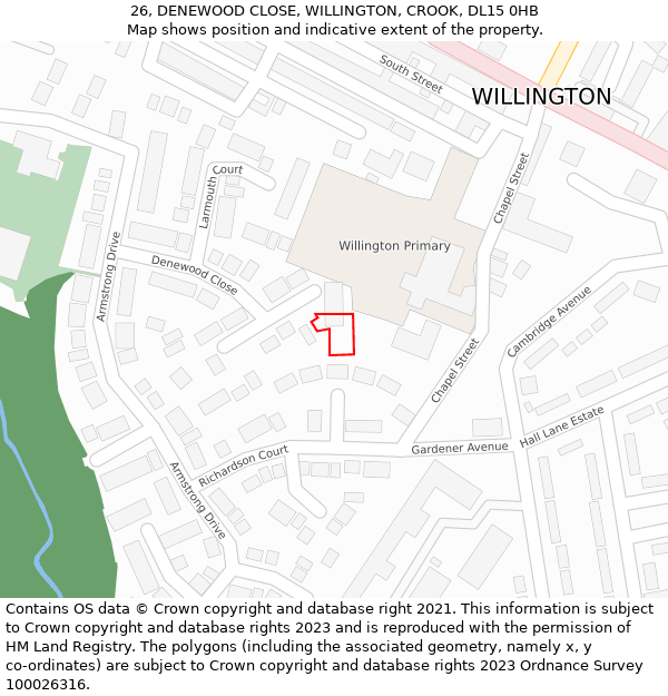 26, DENEWOOD CLOSE, WILLINGTON, CROOK, DL15 0HB: Location map and indicative extent of plot