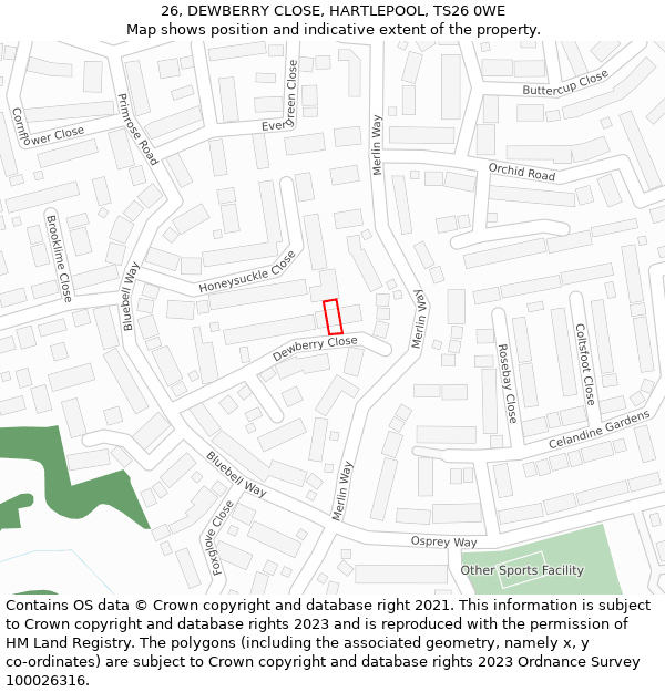 26, DEWBERRY CLOSE, HARTLEPOOL, TS26 0WE: Location map and indicative extent of plot