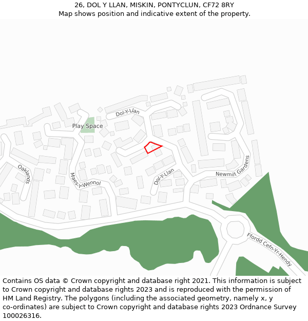 26, DOL Y LLAN, MISKIN, PONTYCLUN, CF72 8RY: Location map and indicative extent of plot