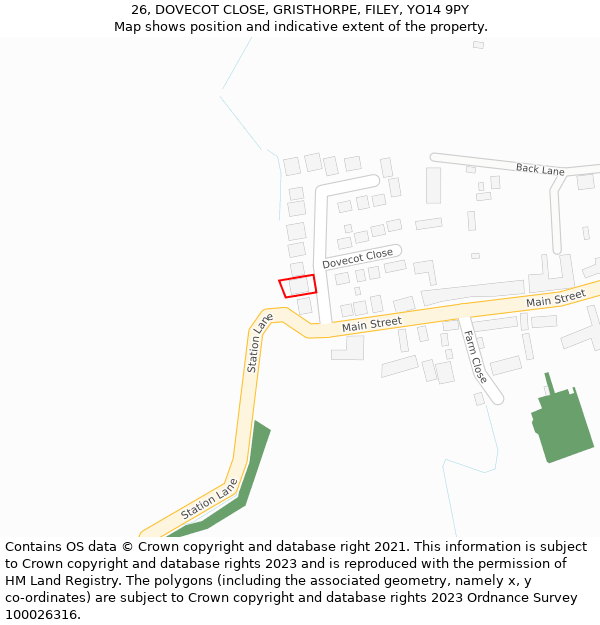 26, DOVECOT CLOSE, GRISTHORPE, FILEY, YO14 9PY: Location map and indicative extent of plot