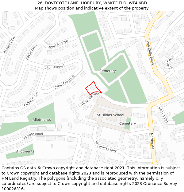 26, DOVECOTE LANE, HORBURY, WAKEFIELD, WF4 6BD: Location map and indicative extent of plot