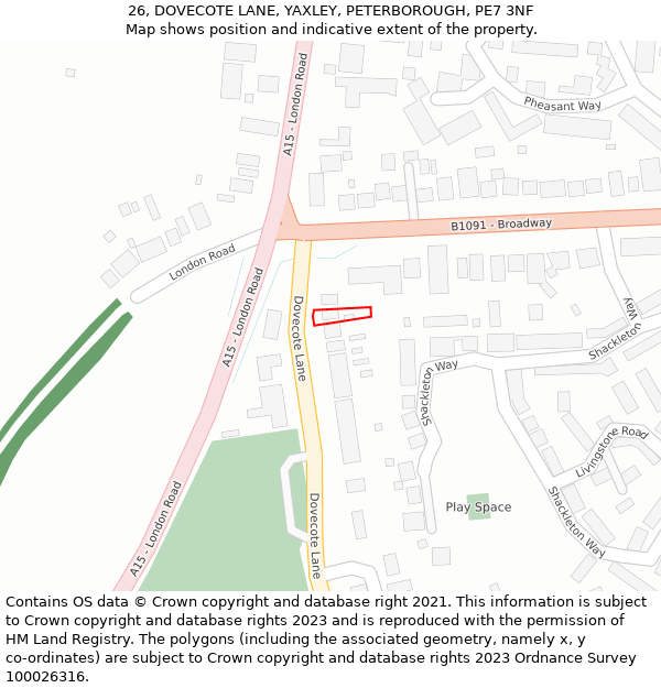 26, DOVECOTE LANE, YAXLEY, PETERBOROUGH, PE7 3NF: Location map and indicative extent of plot